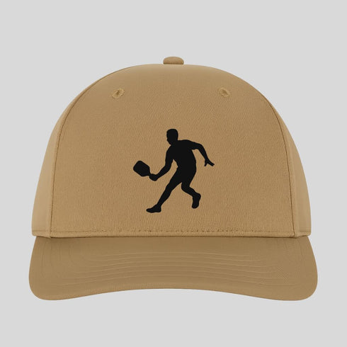 Beige cap with black silhouette of a person playing baseball on a light gray background